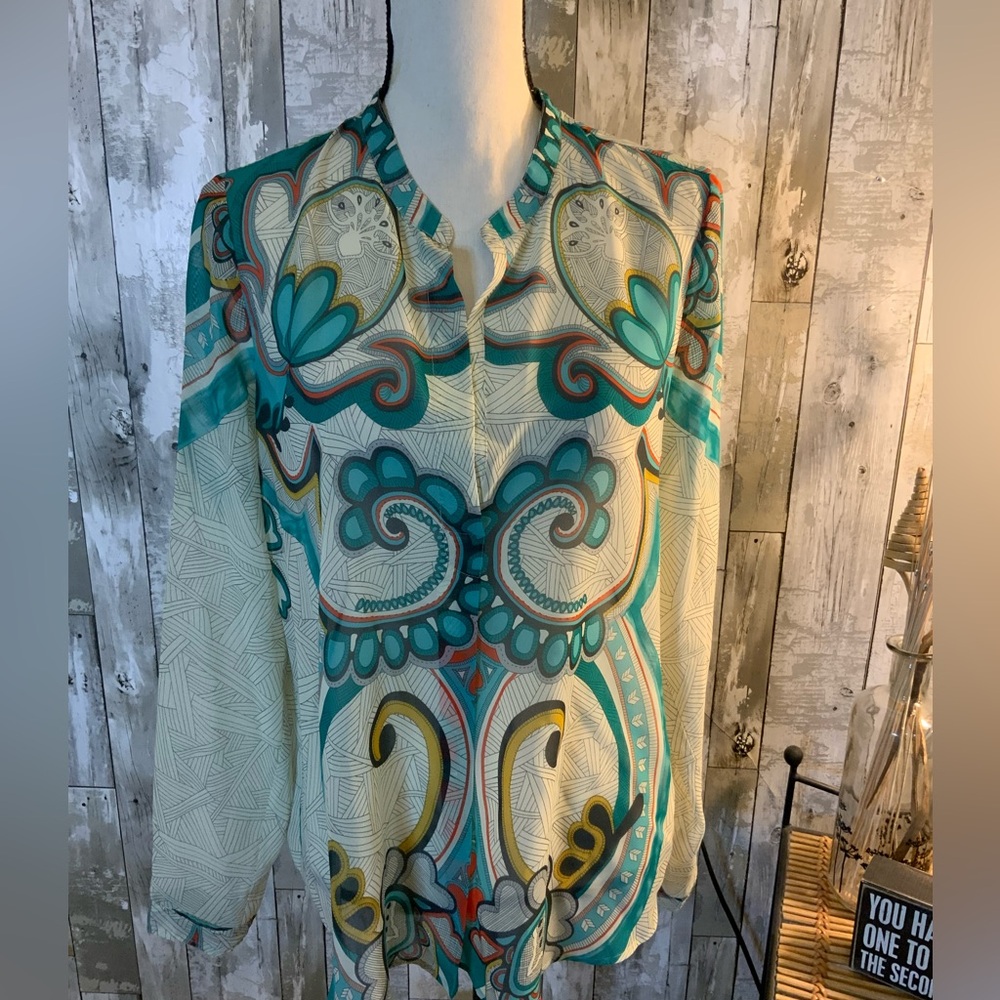 Gorgeous Anthropologie sheer blouse in turquoise and black. Size M